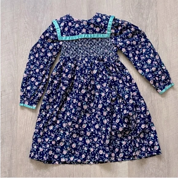 Vintage Polly Flinders Navy Blue Floral Hand Smocked Dress Sz 6 - Picture 1 of 13